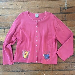 Vintage 90s Disney Winnie The Pooh + Eeyore embroidered pink knit cardigan XL